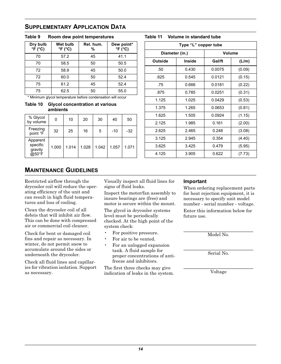 Supplementary application data, Table 9 room dew point temperatures, Table 10 glycol concentration at various ambients | Table 11 volume in standard tube, Maintenance guidelines, Important, Upplementary, Pplication, Aintenance, Uidelines | Liebert EMERSON 60 HZ User Manual | Page 18 / 20
