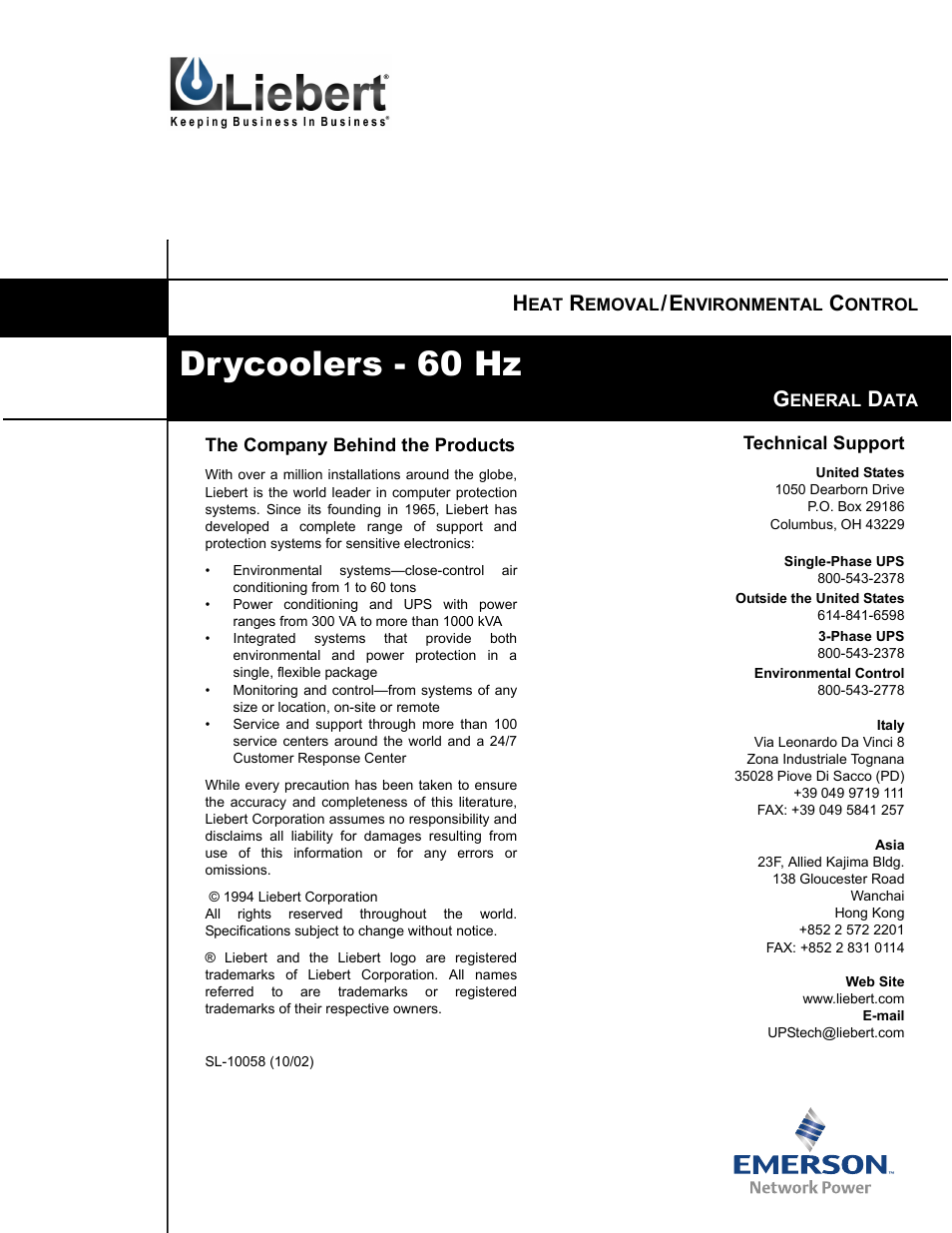Drycoolers - 60 hz | Liebert EMERSON 60 HZ User Manual | Page 20 / 20