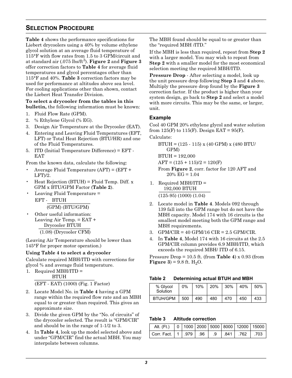 Selection procedure, Example, Table 2 determining actual btuh and mbh | Table 3 altitude correction, Election, Rocedure, Table 2, Determining actual btuh and mbh, Table 3, Altitude correction | Liebert EMERSON 60 HZ User Manual | Page 7 / 20