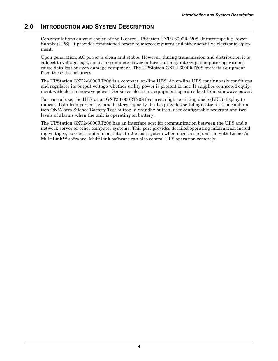 0 introduction and system description, Ntroduction, Ystem | Escription | Liebert GXT2-6000 RT208 User Manual | Page 10 / 52