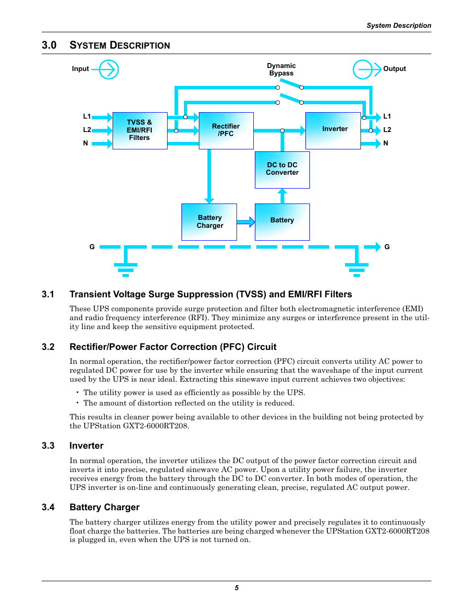 0 system description, 2 rectifier/power factor correction (pfc) circuit, 3 inverter | 4 battery charger, Ystem, Escription, Rectifier/power factor correction (pfc) circuit, Inverter, Battery charger | Liebert GXT2-6000 RT208 User Manual | Page 11 / 52