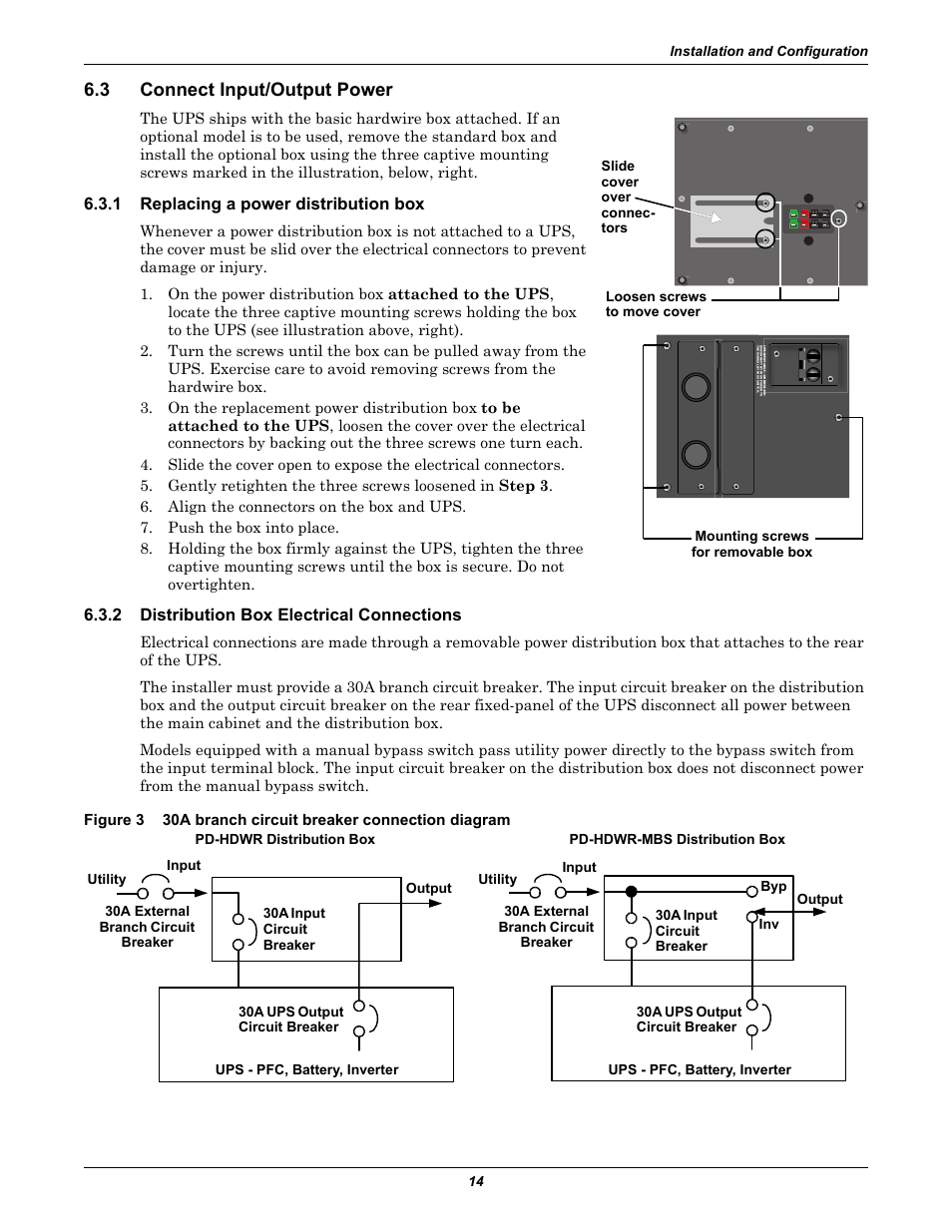 3 connect input/output power, 1 replacing a power distribution box, 2 distribution box electrical connections | Connect input/output power, Replacing a power distribution box, Distribution box electrical connections, Figure 3, 30a branch circuit breaker connection diagram | Liebert GXT2-6000 RT208 User Manual | Page 20 / 52