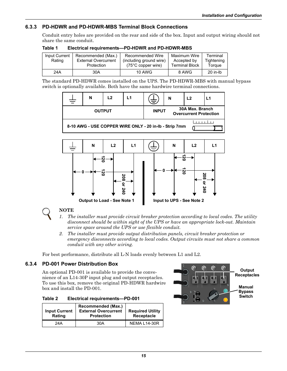 4 pd-001 power distribution box, Table 2 electrical requirements—pd-001, Pd-hdwr and pd-hdwr-mbs terminal block connections | Pd-001 power distribution box, Table 1, Electrical requirements—pd-hdwr and pd-hdwr-mbs, Table 2, Electrical requirements—pd-001 | Liebert GXT2-6000 RT208 User Manual | Page 21 / 52