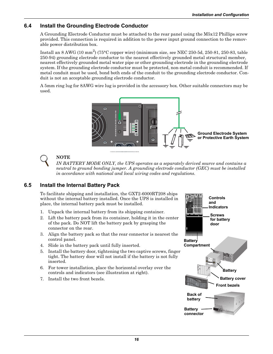 4 install the grounding electrode conductor, 5 install the internal battery pack, Install the grounding electrode conductor | Install the internal battery pack | Liebert GXT2-6000 RT208 User Manual | Page 22 / 52