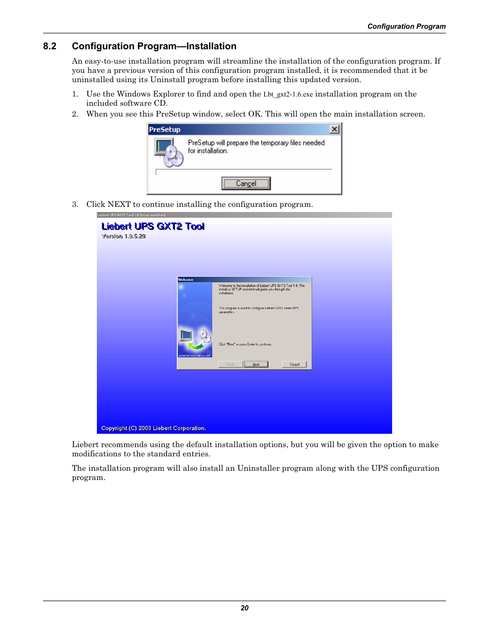 2 configuration program—installation, Configuration program—installation | Liebert GXT2-6000 RT208 User Manual | Page 26 / 52