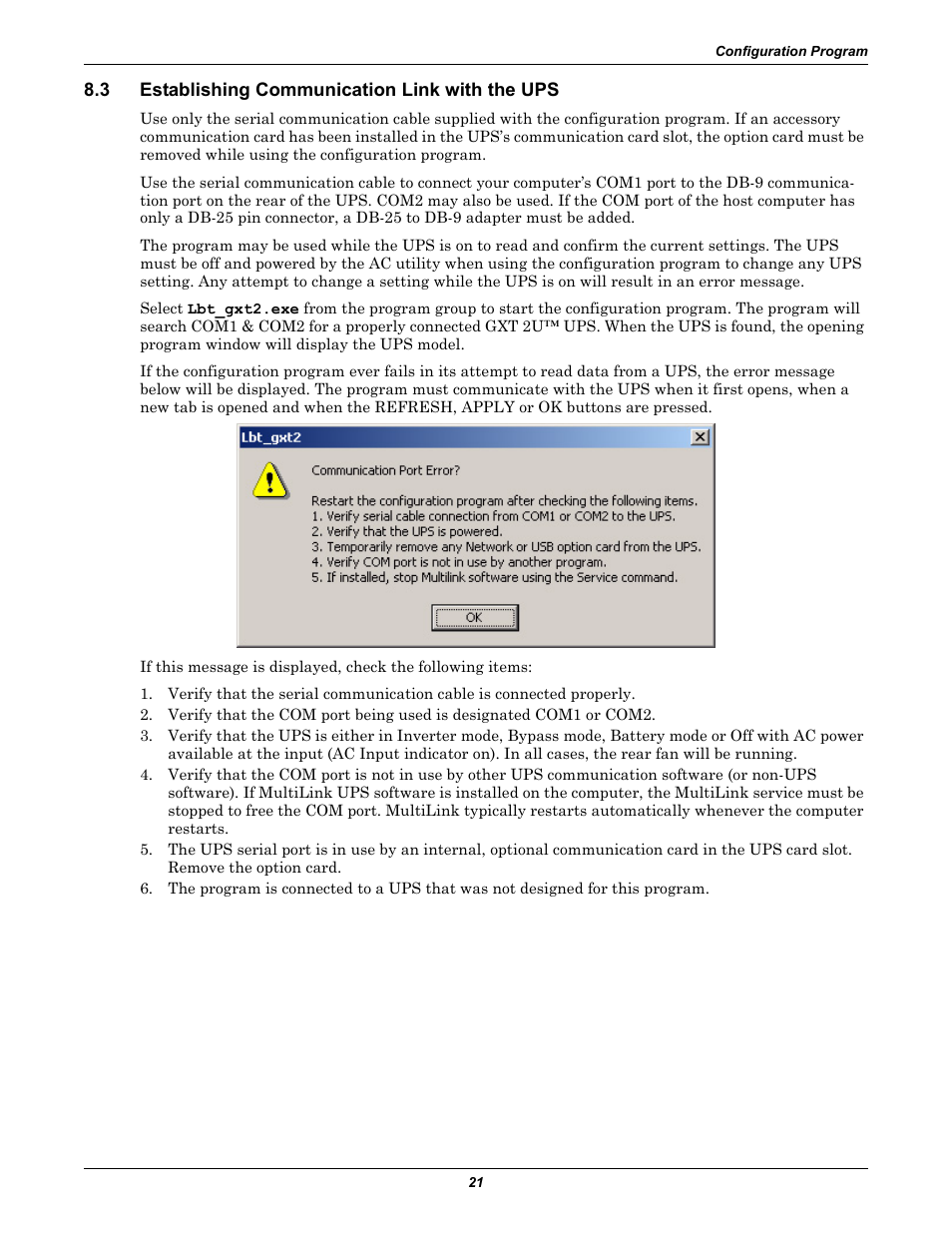 3 establishing communication link with the ups, Establishing communication link with the ups | Liebert GXT2-6000 RT208 User Manual | Page 27 / 52