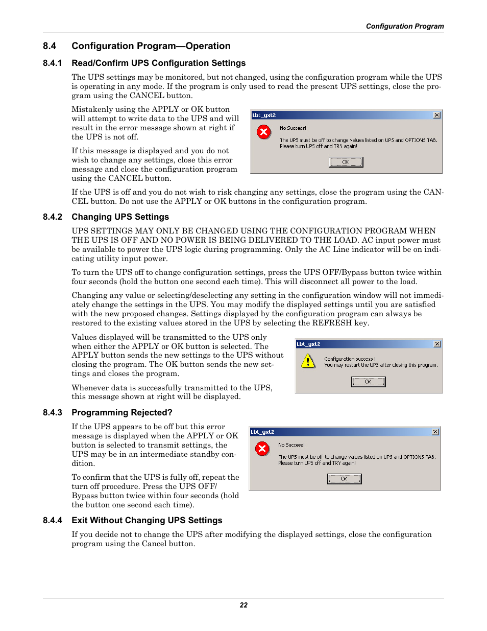 4 configuration program—operation, 1 read/confirm ups configuration settings, 2 changing ups settings | 3 programming rejected, 4 exit without changing ups settings, Configuration program—operation, Read/confirm ups configuration settings, Changing ups settings, Programming rejected, Exit without changing ups settings | Liebert GXT2-6000 RT208 User Manual | Page 28 / 52