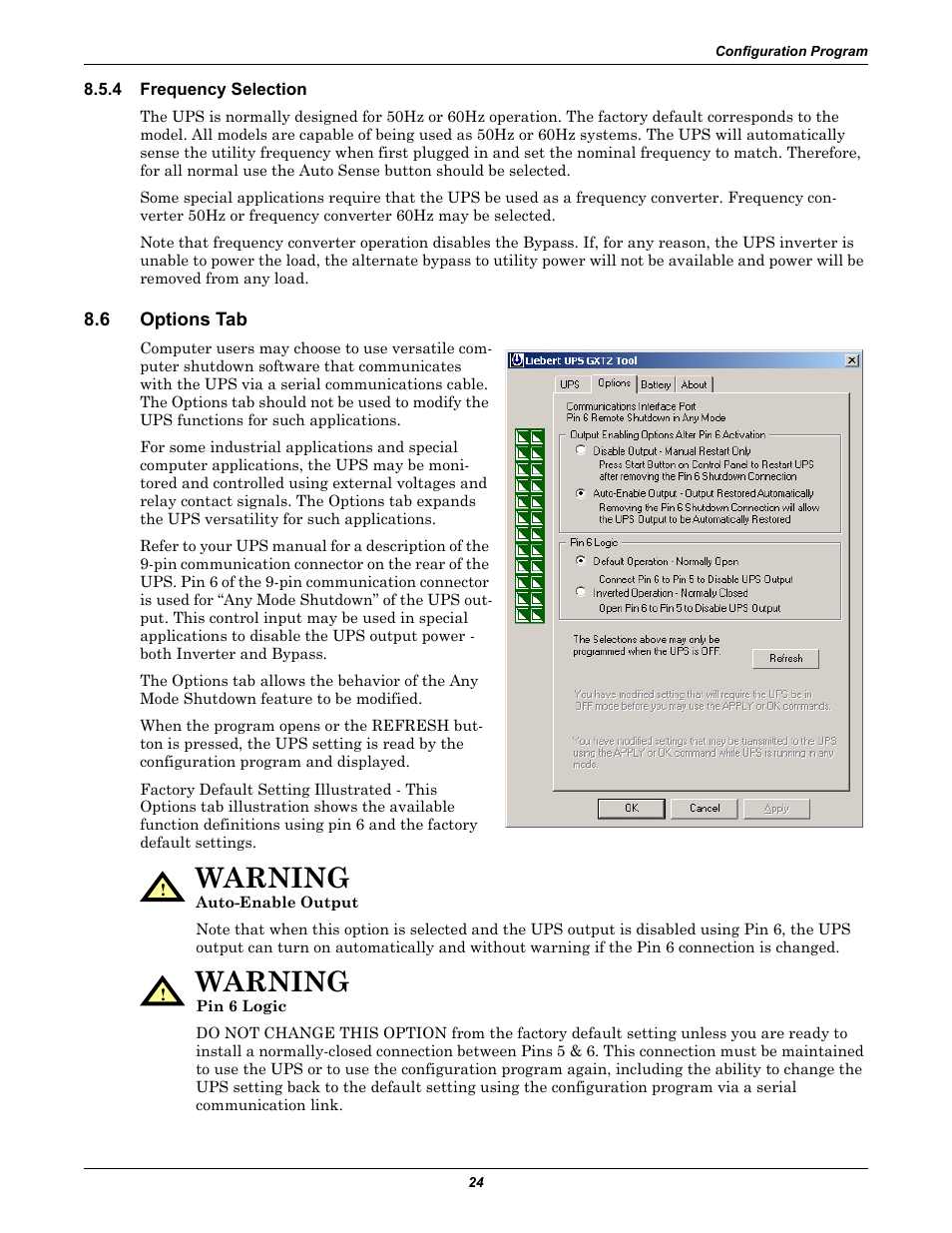 4 frequency selection, 6 options tab, Frequency selection | Options tab, Warning | Liebert GXT2-6000 RT208 User Manual | Page 30 / 52