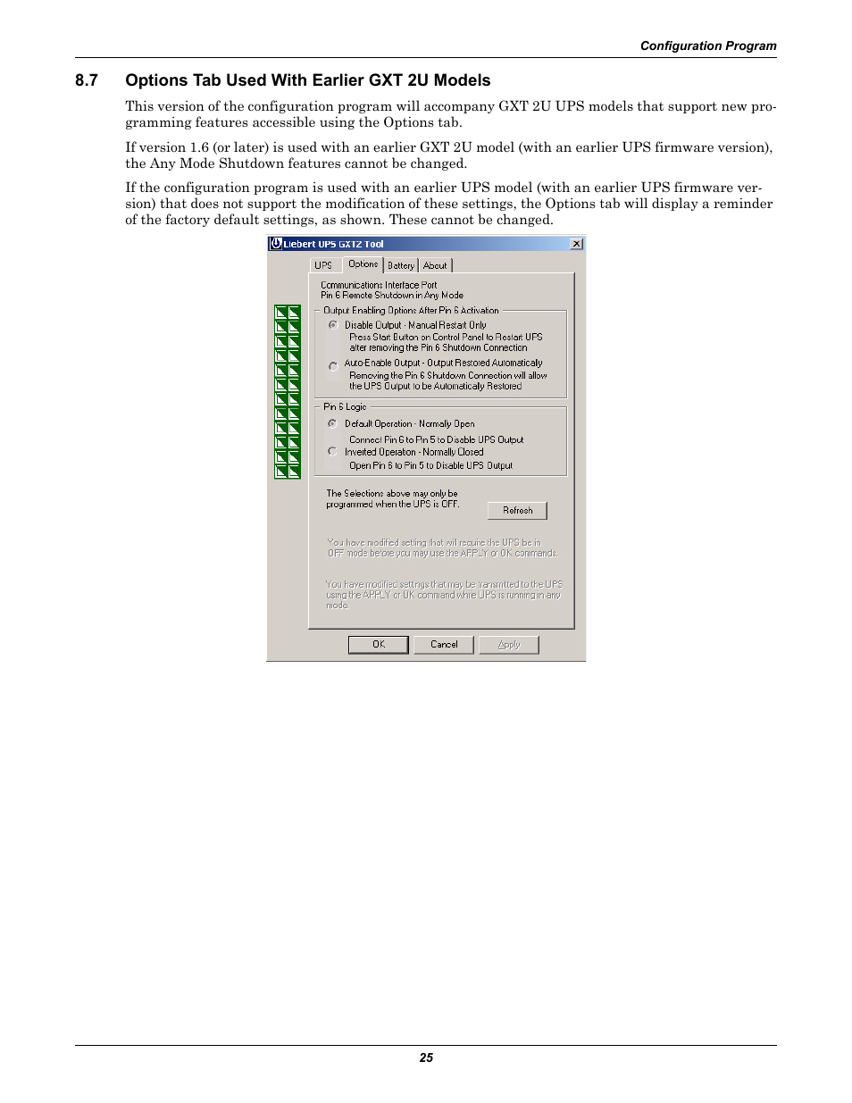7 options tab used with earlier gxt 2u models, Options tab used with earlier gxt 2u models | Liebert GXT2-6000 RT208 User Manual | Page 31 / 52