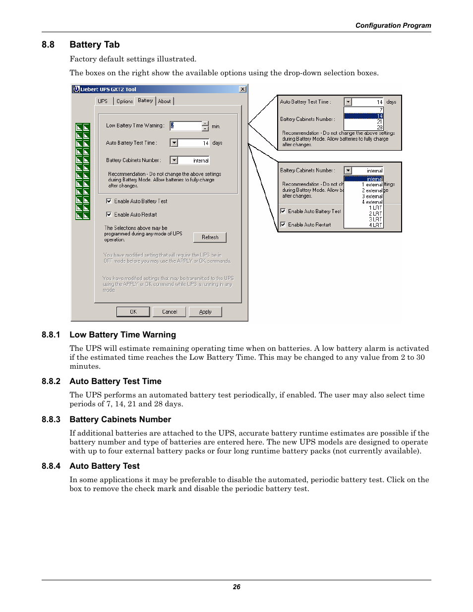 8 battery tab, 1 low battery time warning, 2 auto battery test time | 3 battery cabinets number, 4 auto battery test, Battery tab, Low battery time warning, Auto battery test time, Battery cabinets number, Auto battery test | Liebert GXT2-6000 RT208 User Manual | Page 32 / 52