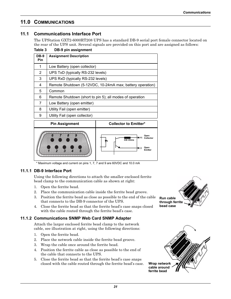 0 communications, 1 communications interface port, Table 3 db-9 pin assignment | 1 db-9 interface port, 2 communications snmp web card snmp adapter, Ommunications, Communications interface port, Table 3, Db-9 pin assignment | Liebert GXT2-6000 RT208 User Manual | Page 37 / 52