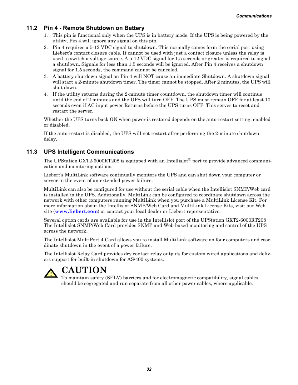 2 pin 4 - remote shutdown on battery, 3 ups intelligent communications, Pin 4 - remote shutdown on battery | Ups intelligent communications, Caution | Liebert GXT2-6000 RT208 User Manual | Page 38 / 52