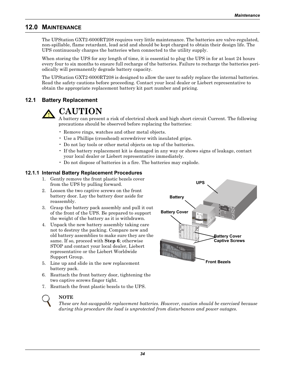 0 maintenance, 1 battery replacement, 1 internal battery replacement procedures | Aintenance, Battery replacement, Caution | Liebert GXT2-6000 RT208 User Manual | Page 40 / 52