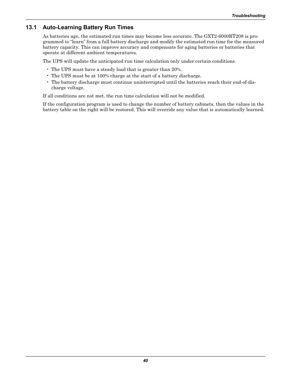 1 auto-learning battery run times, Auto-learning battery run times | Liebert GXT2-6000 RT208 User Manual | Page 46 / 52
