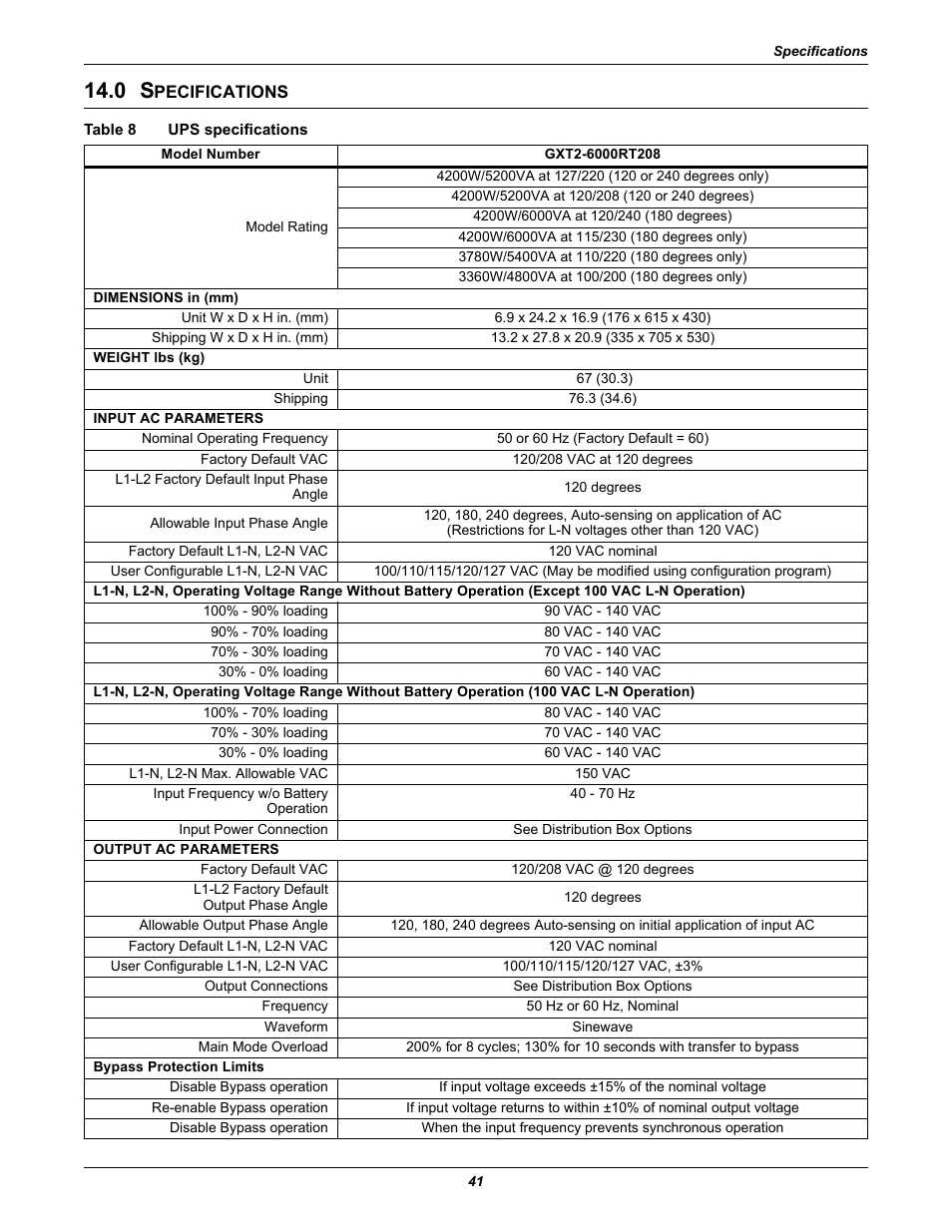 0 specifications, Table 8 ups specifications, Pecifications | Table 8, Ups specifications, 0 - specifications ). external battery | Liebert GXT2-6000 RT208 User Manual | Page 47 / 52