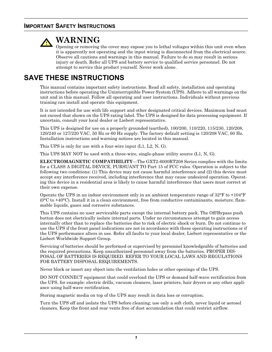 Important safety instructions, Mportant, Afety | Nstructions, Warning, Save these instructions | Liebert GXT2-6000 RT208 User Manual | Page 7 / 52