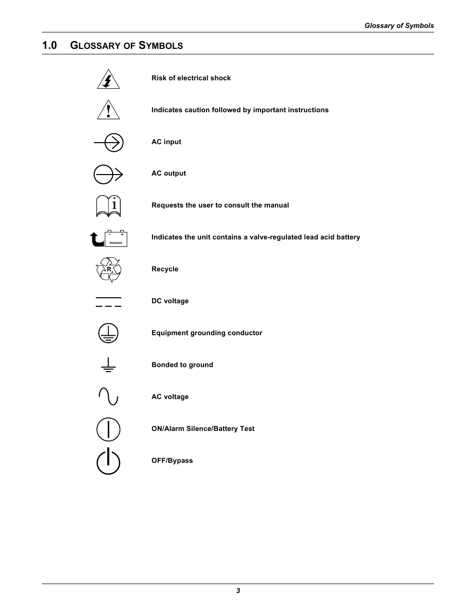 0 glossary of symbols, Lossary, Ymbols | Liebert GXT2-6000 RT208 User Manual | Page 9 / 52
