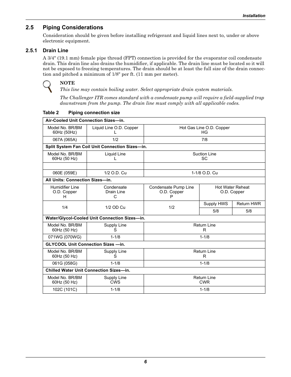 5 piping considerations, 1 drain line, Table 2 piping connection size | Piping considerations, Drain line, Table 2, Piping connection size | Liebert Challenger ITR User Manual | Page 12 / 64