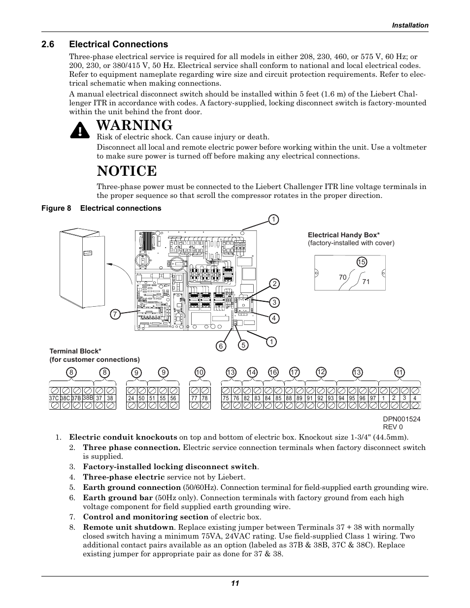6 electrical connections, Figure 8 electrical connections, Electrical connections | Figure 8, Notice, Warning | Liebert Challenger ITR User Manual | Page 17 / 64