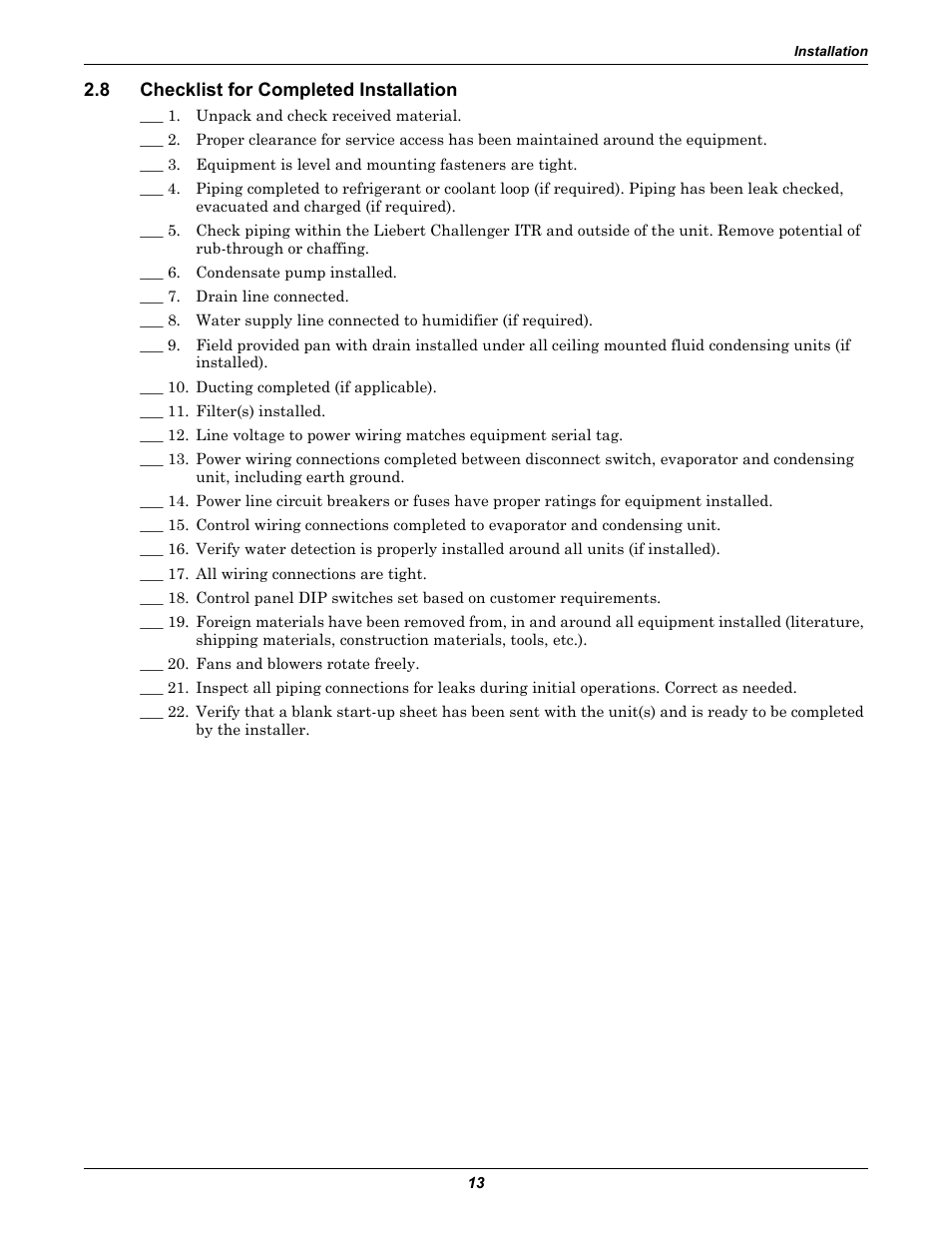 8 checklist for completed installation, Checklist for completed installation | Liebert Challenger ITR User Manual | Page 19 / 64