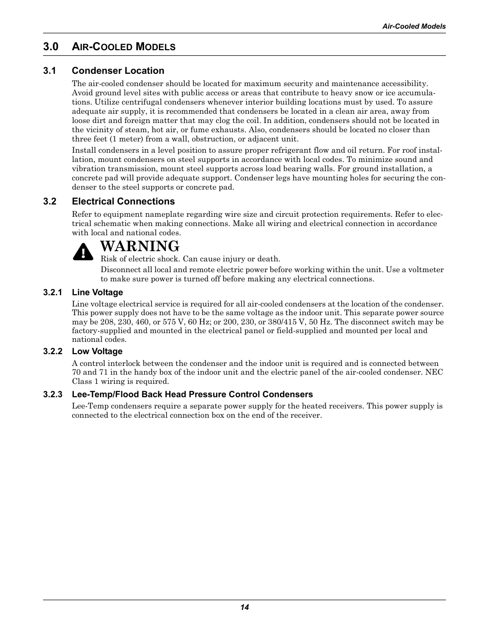 0 air-cooled models, 1 condenser location, 2 electrical connections | 1 line voltage, 2 low voltage, Ooled, Odels, Condenser location, Electrical connections, Line voltage | Liebert Challenger ITR User Manual | Page 20 / 64