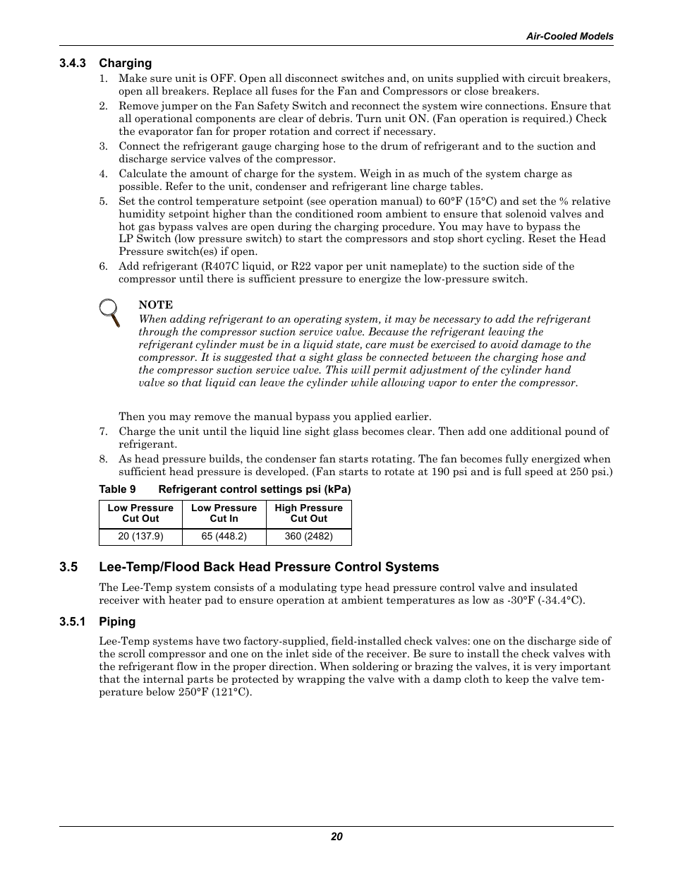 3 charging, Table 9 refrigerant control settings psi (kpa), 1 piping | Charging, Lee-temp/flood back head pressure control systems, Piping, Table 9, Refrigerant control settings psi (kpa) | Liebert Challenger ITR User Manual | Page 26 / 64