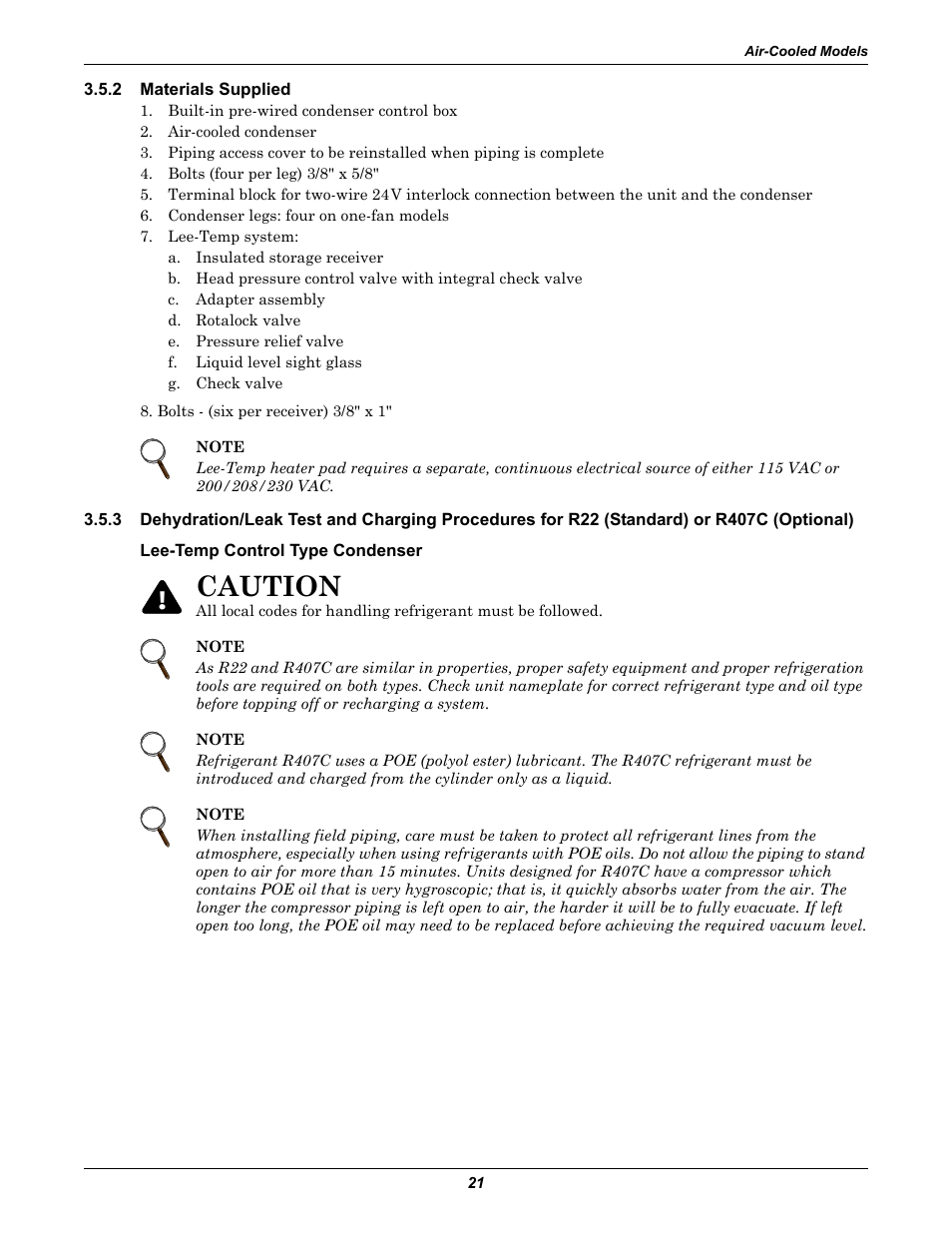 2 materials supplied, Lee-temp control type condenser, Materials supplied | Caution | Liebert Challenger ITR User Manual | Page 27 / 64