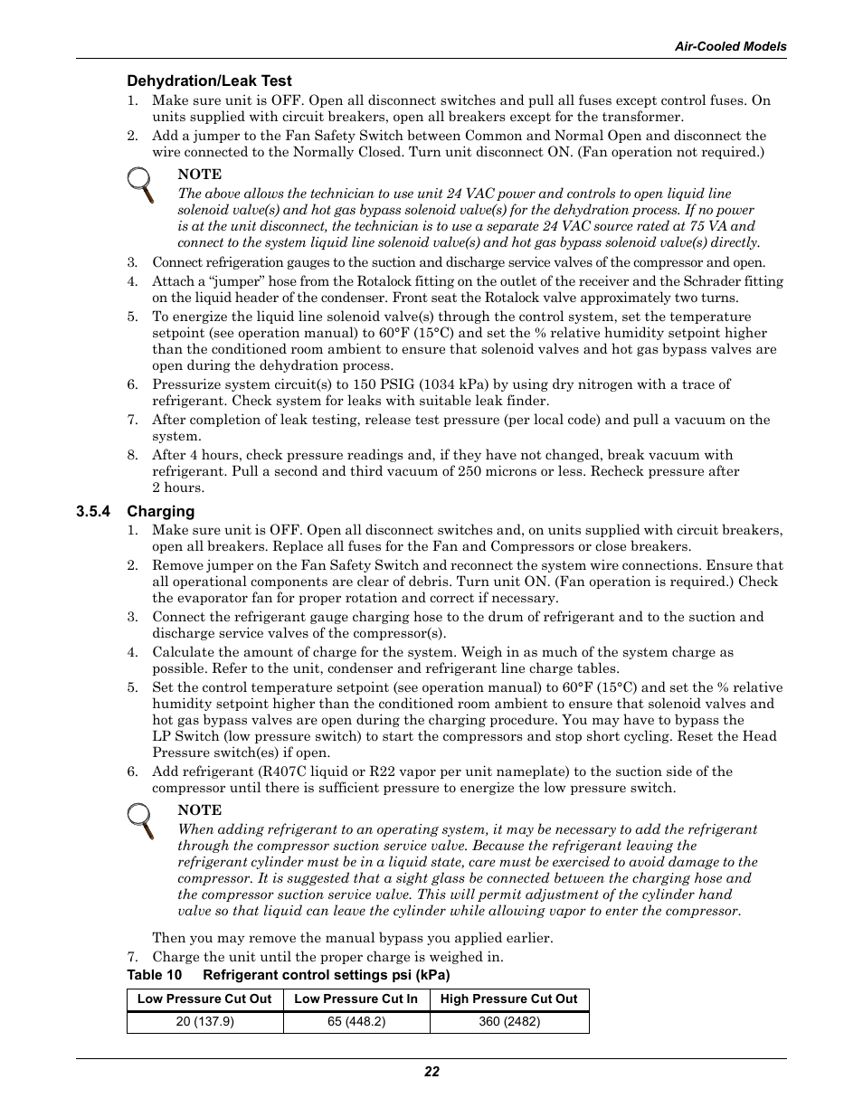 Dehydration/leak test, 4 charging, Table 10 refrigerant control settings psi (kpa) | Charging, Table 10, Refrigerant control settings psi (kpa) | Liebert Challenger ITR User Manual | Page 28 / 64