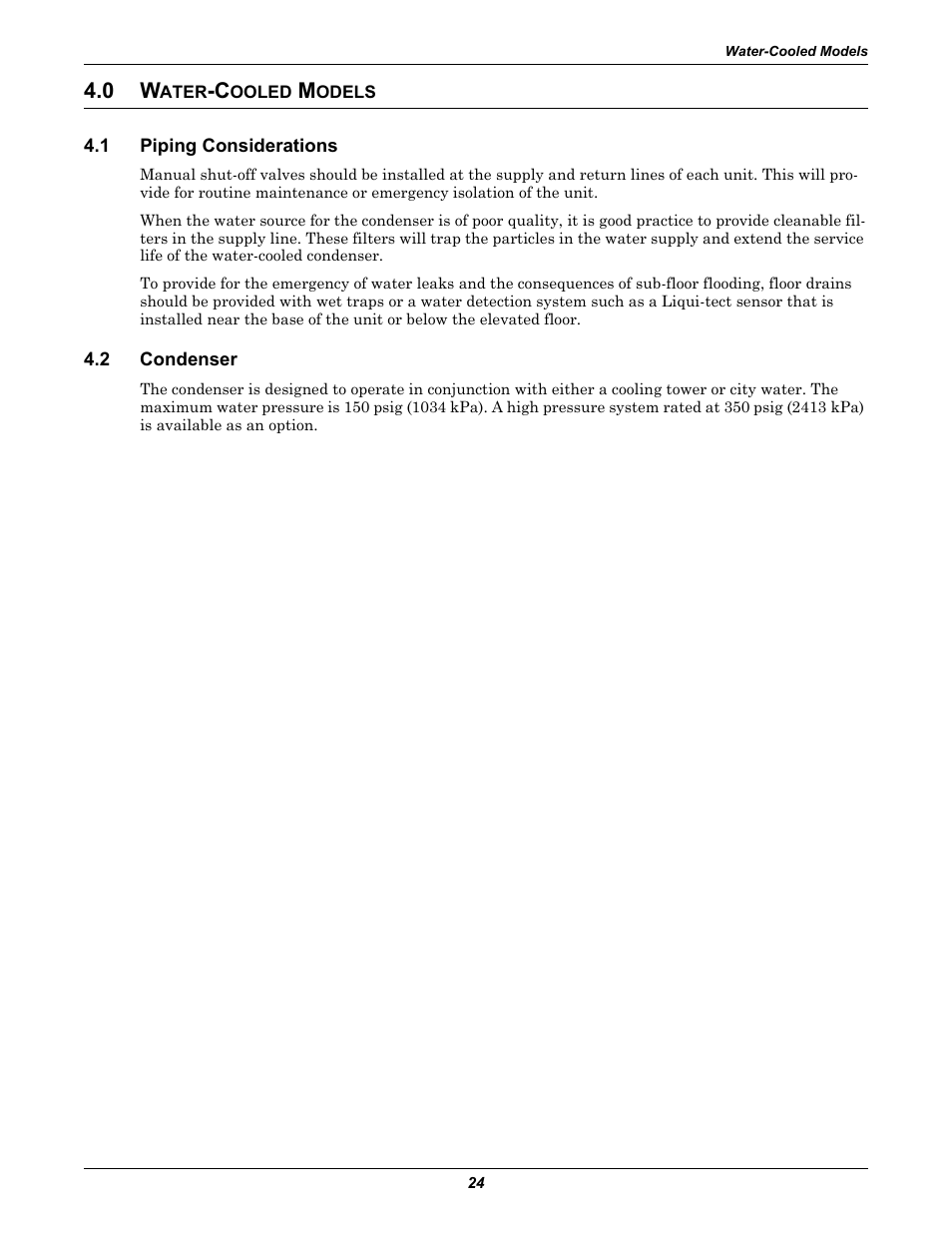 0 water-cooled models, 1 piping considerations, 2 condenser | Ater, Ooled, Odels, Piping considerations, Condenser | Liebert Challenger ITR User Manual | Page 30 / 64