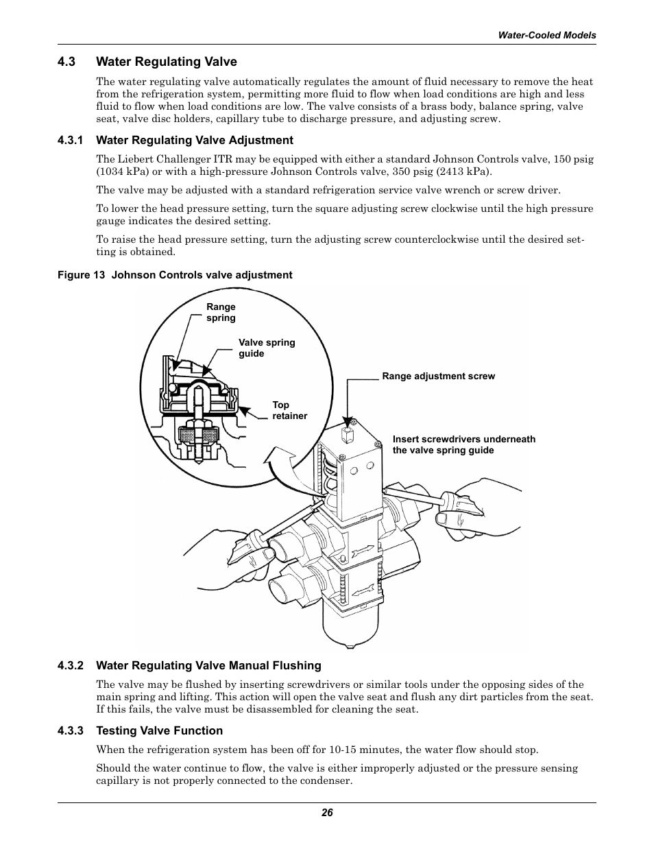 3 water regulating valve, 1 water regulating valve adjustment, Figure 13 johnson controls valve adjustment | 2 water regulating valve manual flushing, 3 testing valve function, Water regulating valve, Water regulating valve adjustment, Water regulating valve manual flushing, Testing valve function | Liebert Challenger ITR User Manual | Page 32 / 64