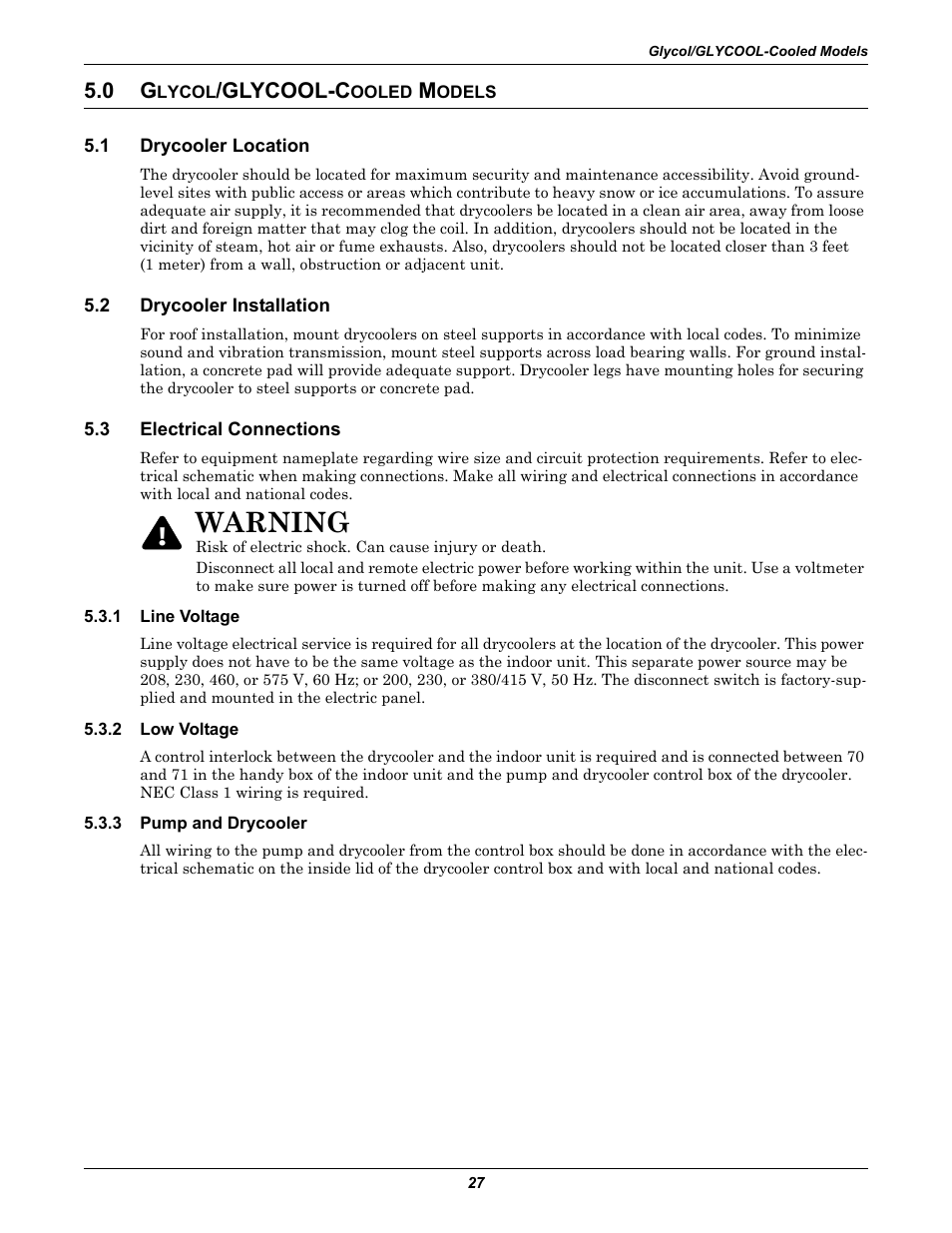 0 glycol/glycool-cooled models, 1 drycooler location, 2 drycooler installation | 3 electrical connections, 1 line voltage, 2 low voltage, 3 pump and drycooler, Lycol, Glycool-c, Ooled | Liebert Challenger ITR User Manual | Page 33 / 64