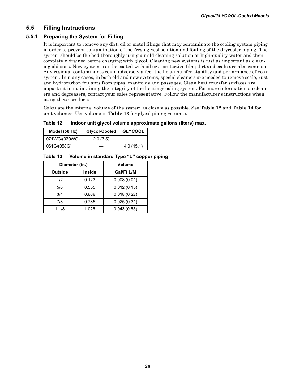 5 filling instructions, 1 preparing the system for filling, Table 13 volume in standard type “l” copper piping | Filling instructions, Preparing the system for filling, Table 12, Table 13, Volume in standard type “l” copper piping | Liebert Challenger ITR User Manual | Page 35 / 64