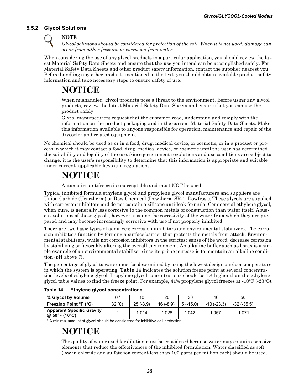 2 glycol solutions, Table 14 ethylene glycol concentrations, Glycol solutions | Table 14, Ethylene glycol concentrations, Notice | Liebert Challenger ITR User Manual | Page 36 / 64
