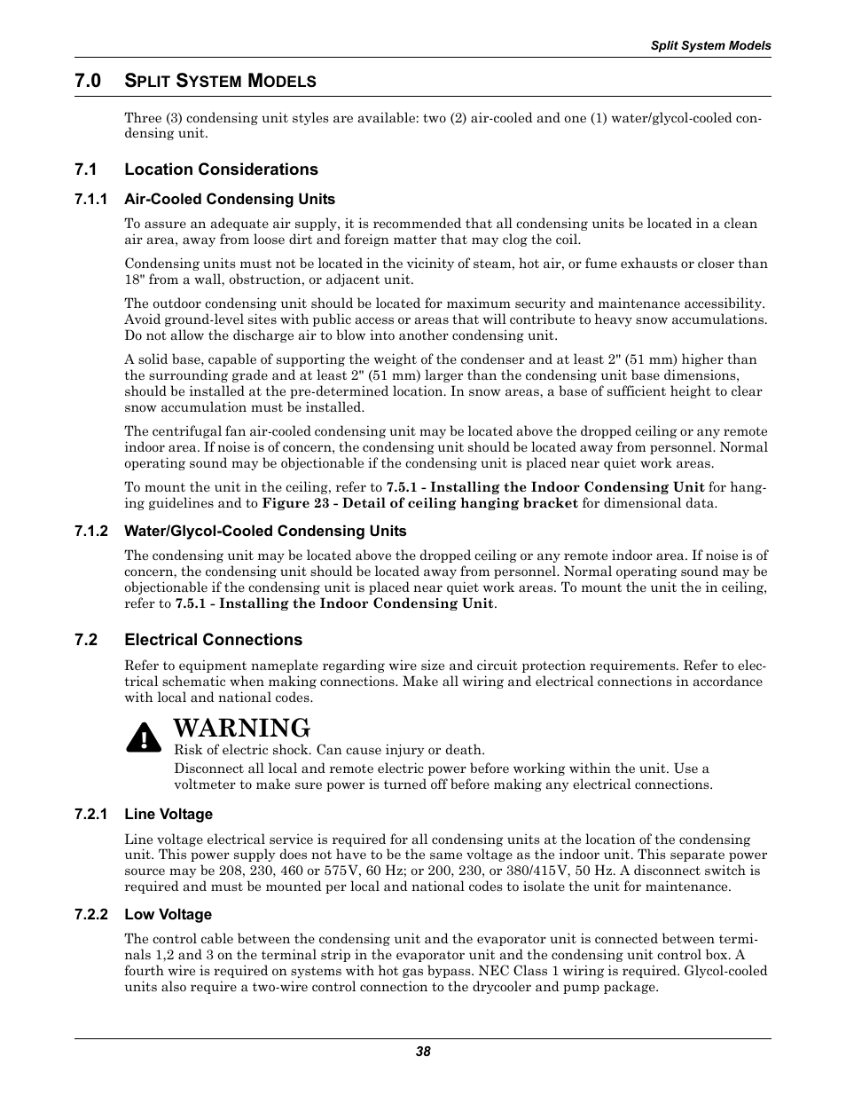 0 split system models, 1 location considerations, 1 air-cooled condensing units | 2 water/glycol-cooled condensing units, 2 electrical connections, 1 line voltage, 2 low voltage, Plit, Ystem, Odels | Liebert Challenger ITR User Manual | Page 44 / 64