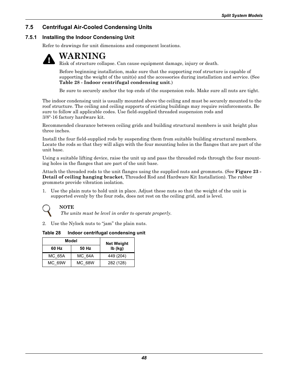 5 centrifugal air-cooled condensing units, 1 installing the indoor condensing unit, Table 28 indoor centrifugal condensing unit | Centrifugal air-cooled condensing units, Installing the indoor condensing unit, Table 28, Indoor centrifugal condensing unit, Warning | Liebert Challenger ITR User Manual | Page 54 / 64