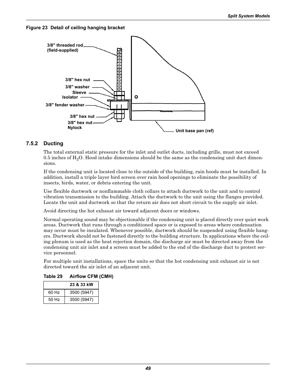 Figure 23 detail of ceiling hanging bracket, 2 ducting, Table 29 airflow cfm (cmh) | Ducting, Table 29, Airflow cfm (cmh) | Liebert Challenger ITR User Manual | Page 55 / 64