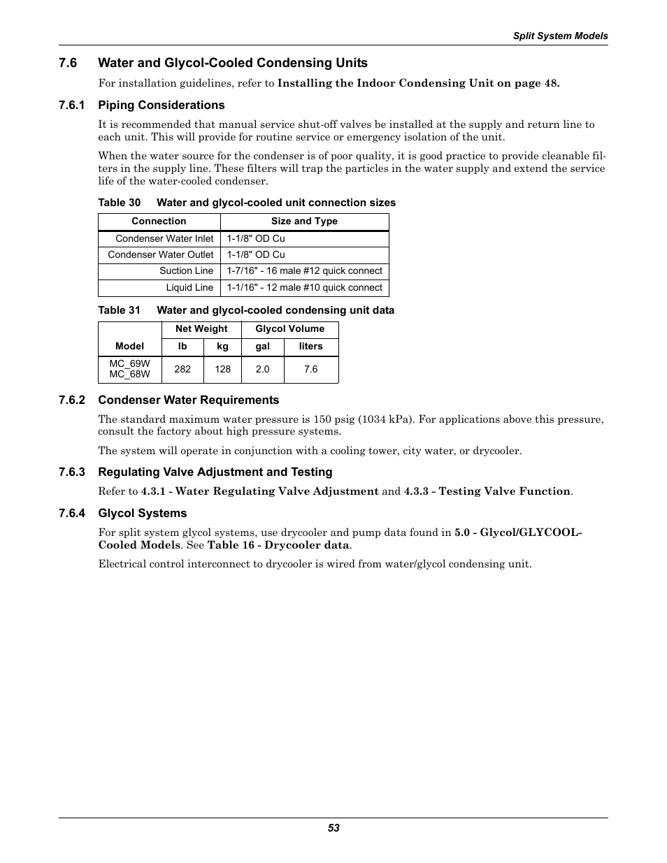 6 water and glycol-cooled condensing units, 1 piping considerations, 2 condenser water requirements | 3 regulating valve adjustment and testing, 4 glycol systems, Water and glycol-cooled condensing units, Piping considerations, Condenser water requirements, Regulating valve adjustment and testing, Glycol systems | Liebert Challenger ITR User Manual | Page 59 / 64