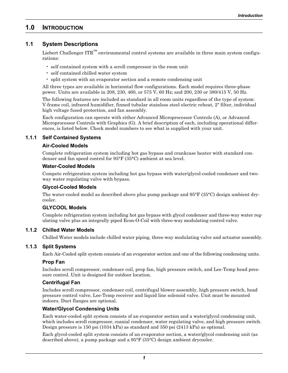 0 introduction, 1 system descriptions, 1 self contained systems | Air-cooled models, Water-cooled models, Glycol-cooled models, Glycool models, 2 chilled water models, 3 split systems, Prop fan | Liebert Challenger ITR User Manual | Page 7 / 64