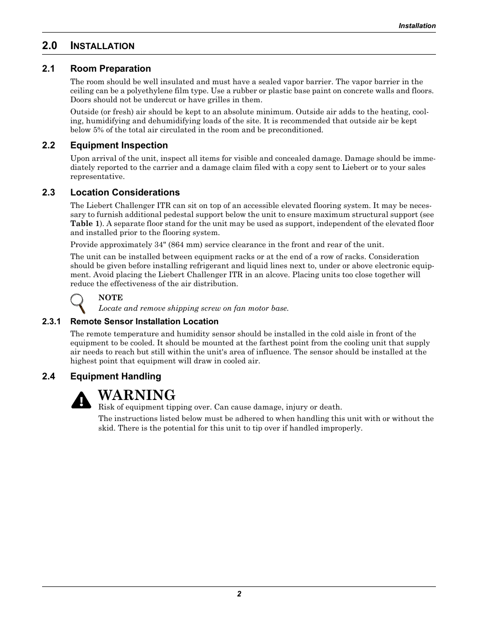 0 installation, 1 room preparation, 2 equipment inspection | 3 location considerations, 1 remote sensor installation location, 4 equipment handling, Nstallation, Room preparation, Equipment inspection, Location considerations | Liebert Challenger ITR User Manual | Page 8 / 64