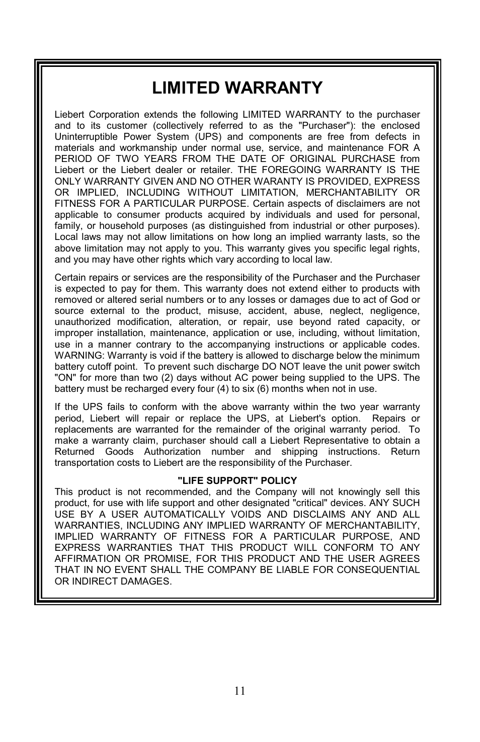 Limited warranty | Liebert PowerSure Personal User Manual | Page 11 / 12