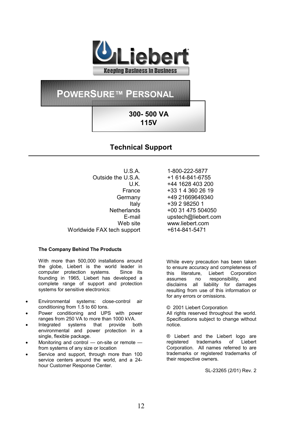 Ower, Ersonal | Liebert PowerSure Personal User Manual | Page 12 / 12