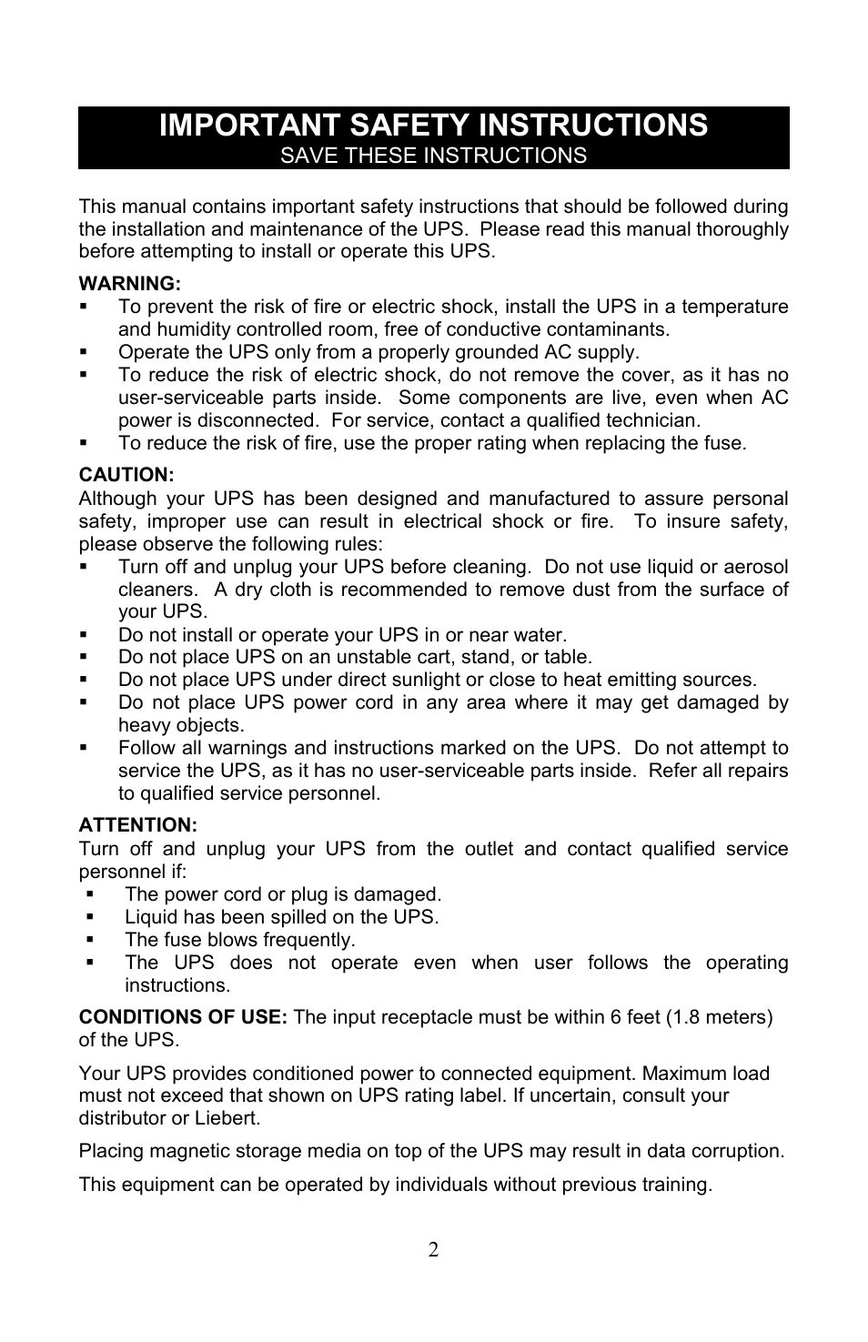 Important safety instructions, Save these instructions | Liebert PowerSure Personal User Manual | Page 2 / 12