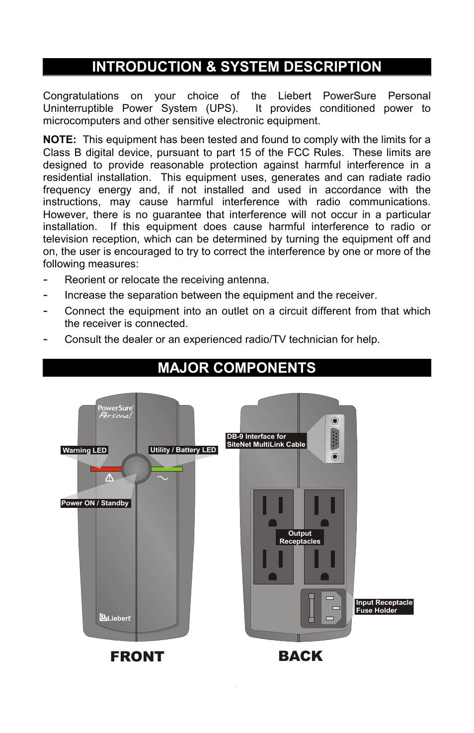 Introduction & system description, Major components, Front | Back | Liebert PowerSure Personal User Manual | Page 3 / 12