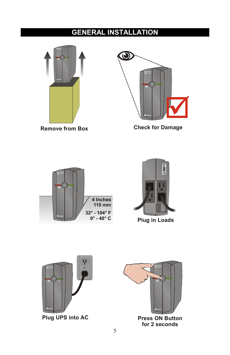 General installation, Remove from box, Check for damage | Plug in loads plug ups into ac, Press on button for 2 seconds | Liebert PowerSure Personal User Manual | Page 5 / 12