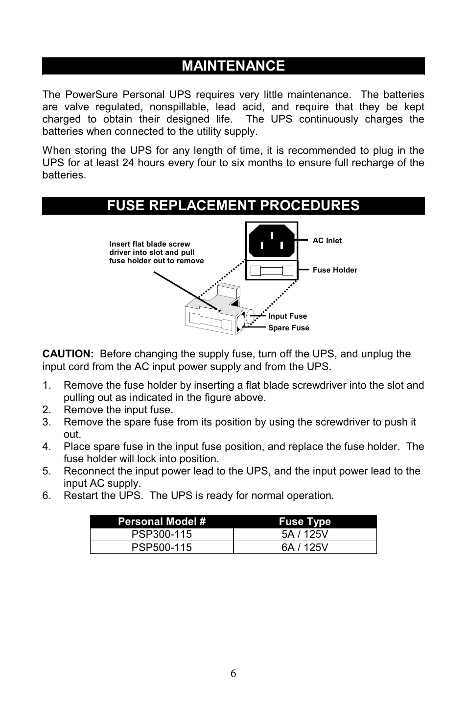 Maintenance, Fuse replacement procedures | Liebert PowerSure Personal User Manual | Page 6 / 12