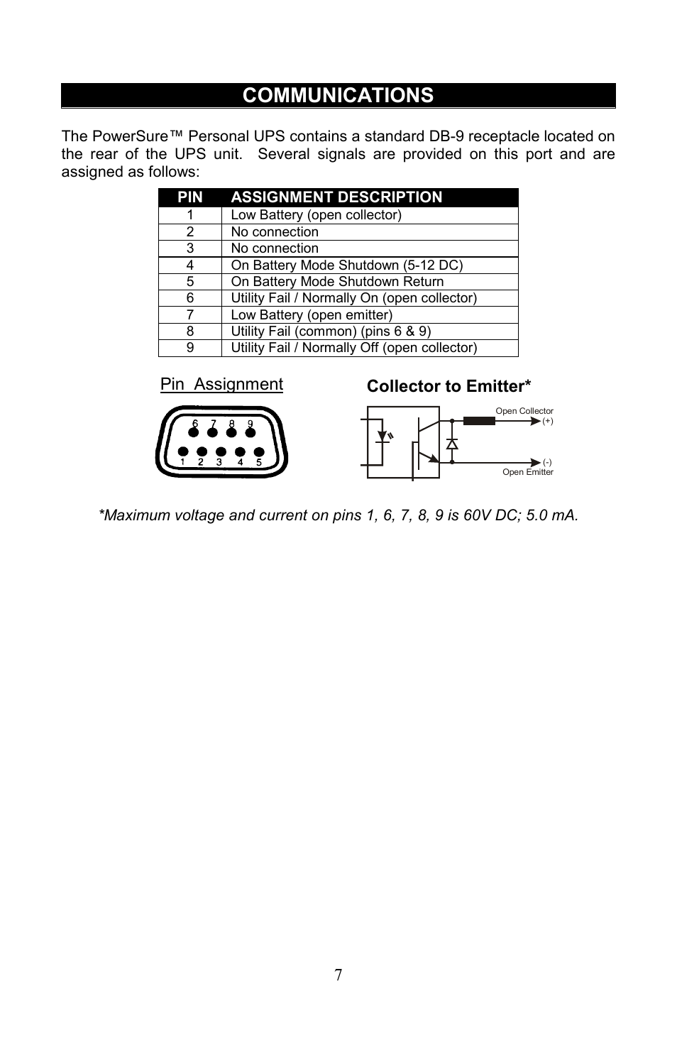 Communications, Collector to emitter, Pin assignment | Liebert PowerSure Personal User Manual | Page 7 / 12