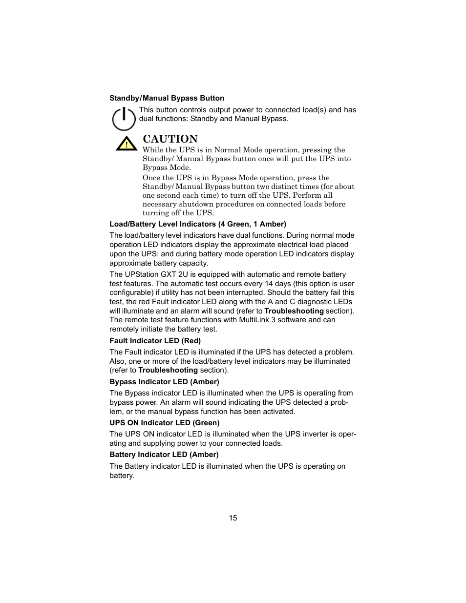 Standby/manual bypass button, Load/battery level indicators (4 green, 1 amber), Fault indicator led (red) | Bypass indicator led (amber), Ups on indicator led (green), Battery indicator led (amber), Caution | Liebert 208V User Manual | Page 19 / 40