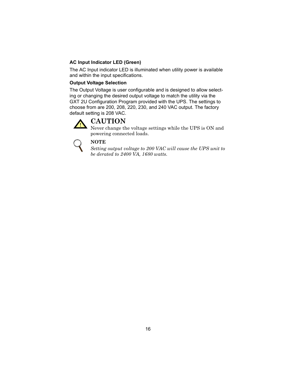 Ac input indicator led (green), Output voltage selection, Caution | Liebert 208V User Manual | Page 20 / 40