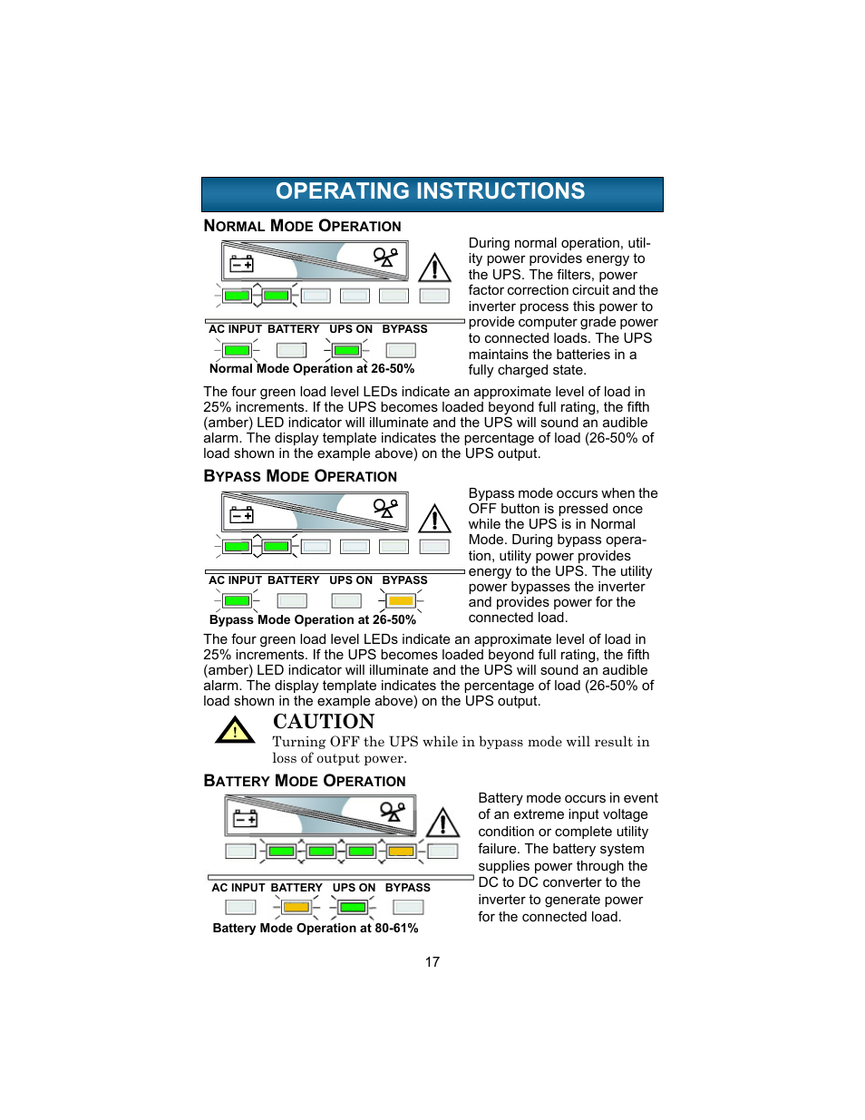 Operating instructions, Normal mode operation, Bypass mode operation | Battery mode operation, Perating, Nstructions, Caution | Liebert 208V User Manual | Page 21 / 40