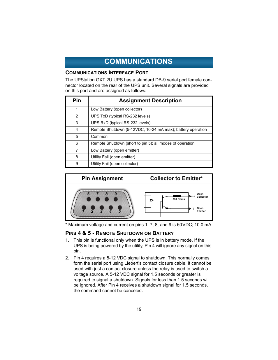 Communications, Communications interface port, Pins 4 & 5 - remote shutdown on battery | Ommunications, 4 & 5 - r, Pin assignment description, Pin assignment collector to emitter | Liebert 208V User Manual | Page 23 / 40